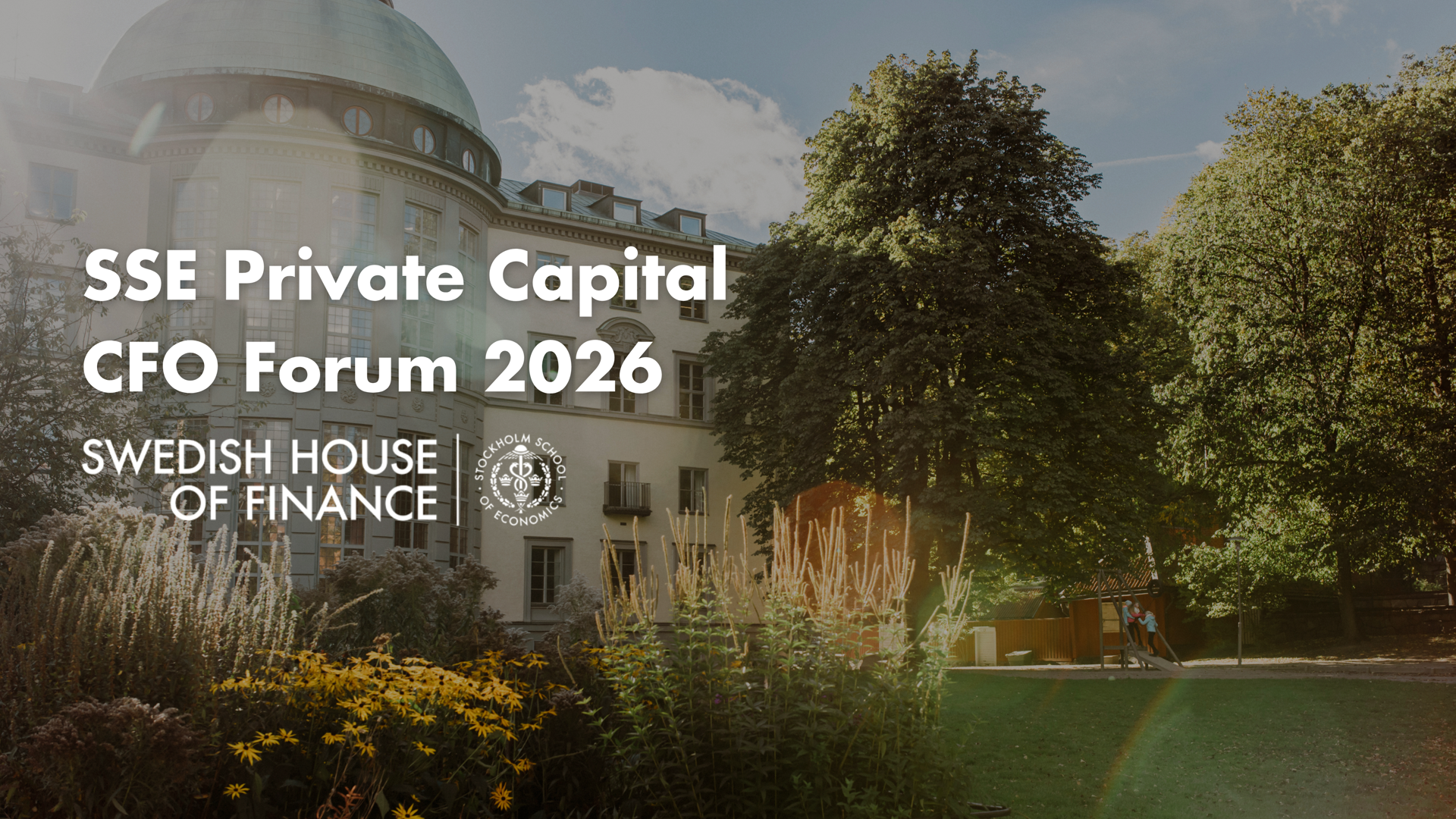 Event banner for the SSE Private Capital CFO Forum 2026 with the Stockholm School of Economics building in the background
