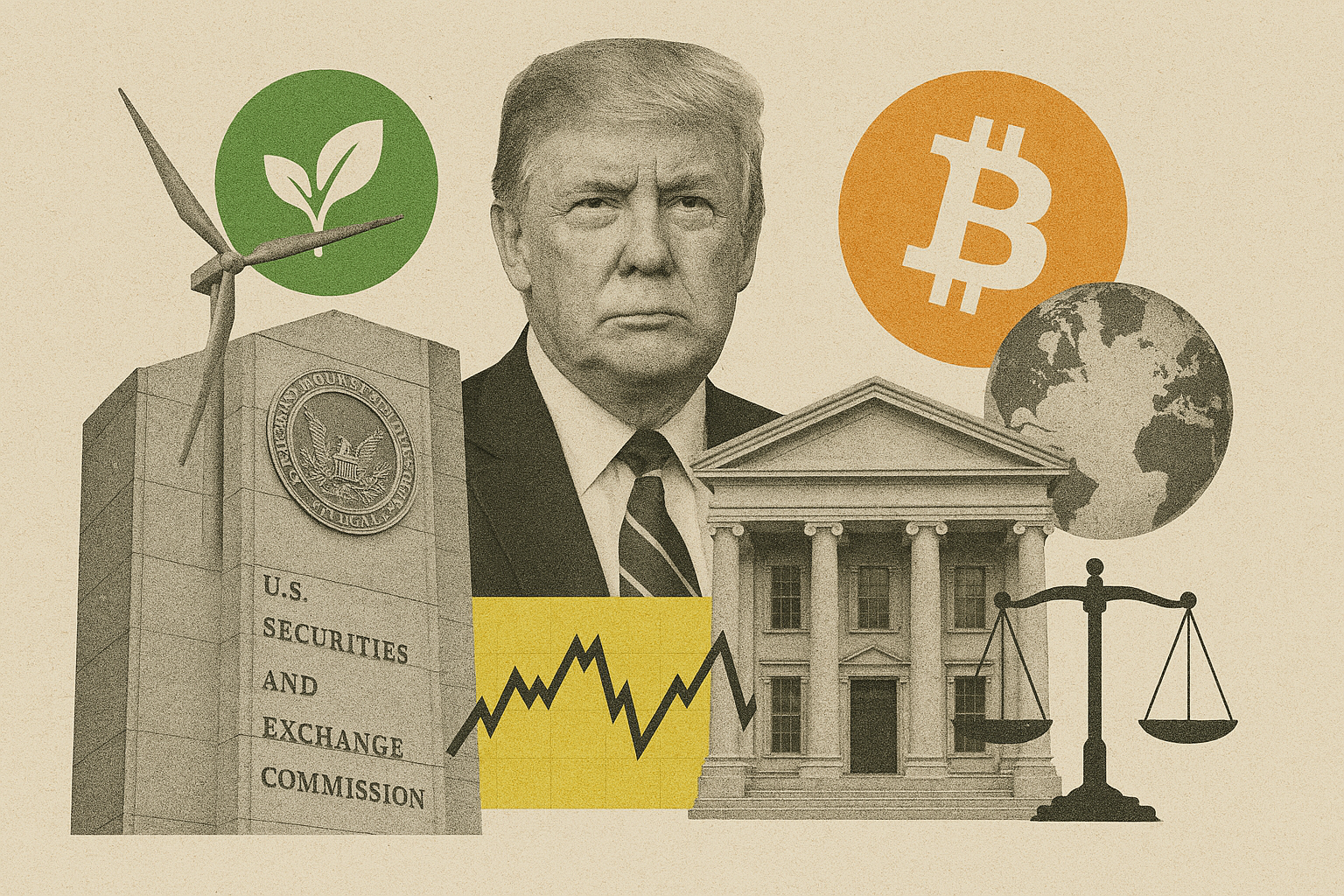 AI-generated illustration of Donald Trump, U.S. financial regulation, climate policy, and cryptocurrencies