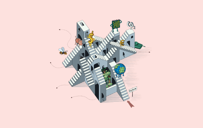  Illustration representing finance, sustainability, and international collaboration