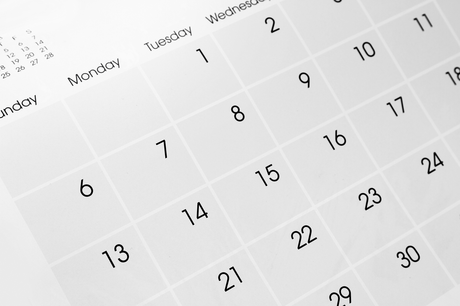 Calendar showing dates across a monthly schedule