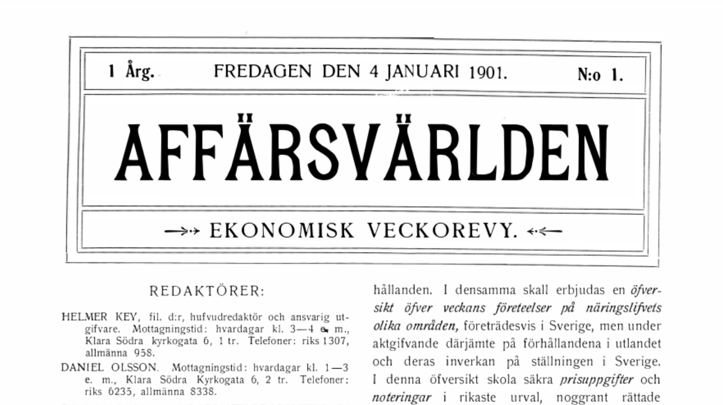 Front page of Affärsvärlden business magazine published in 1901