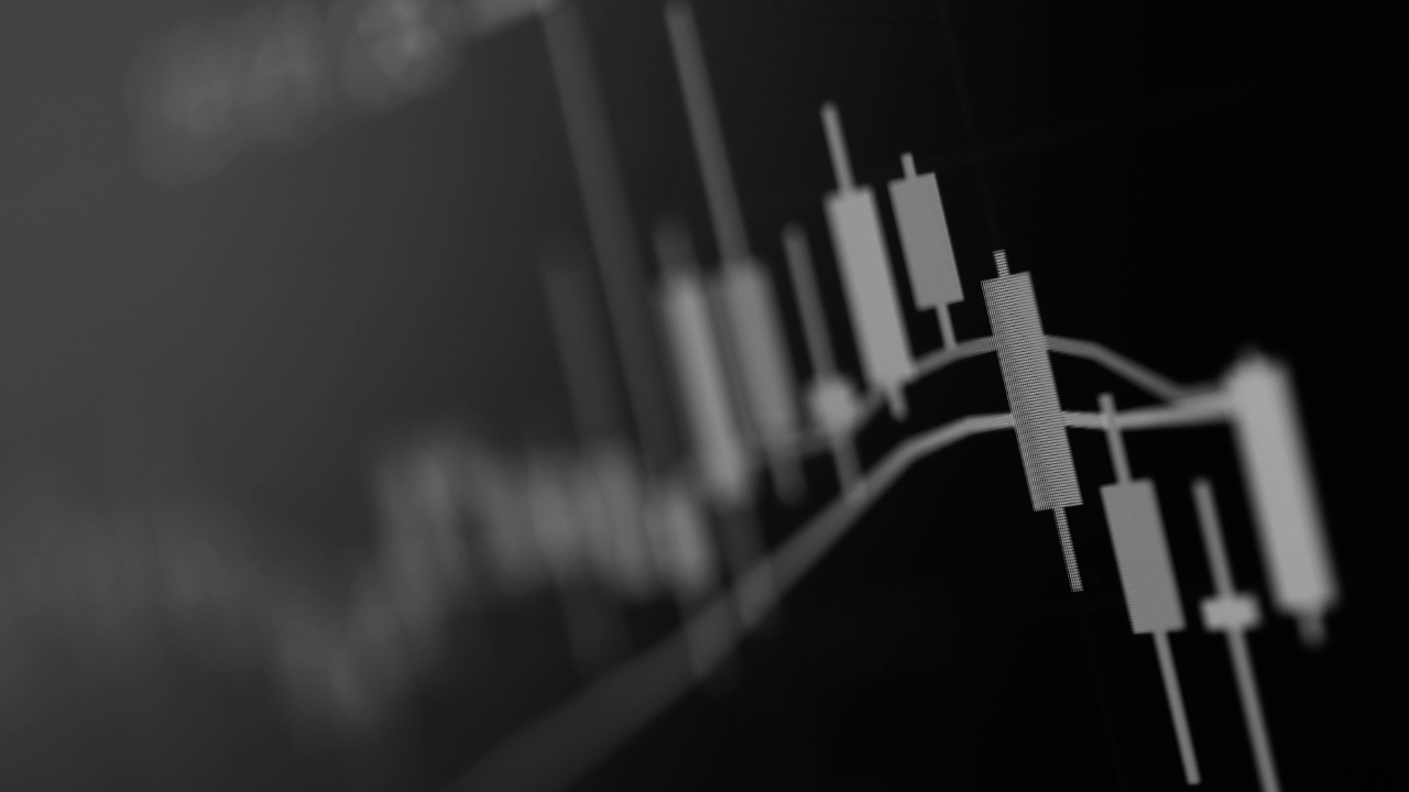 Stock market chart showing price movements and trading activity, black and white image