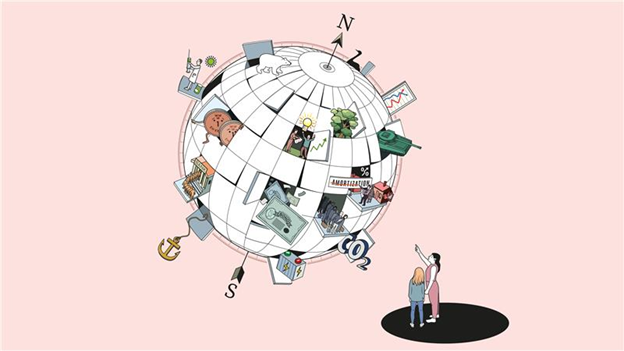 Illustration of two persons pointing at a globe