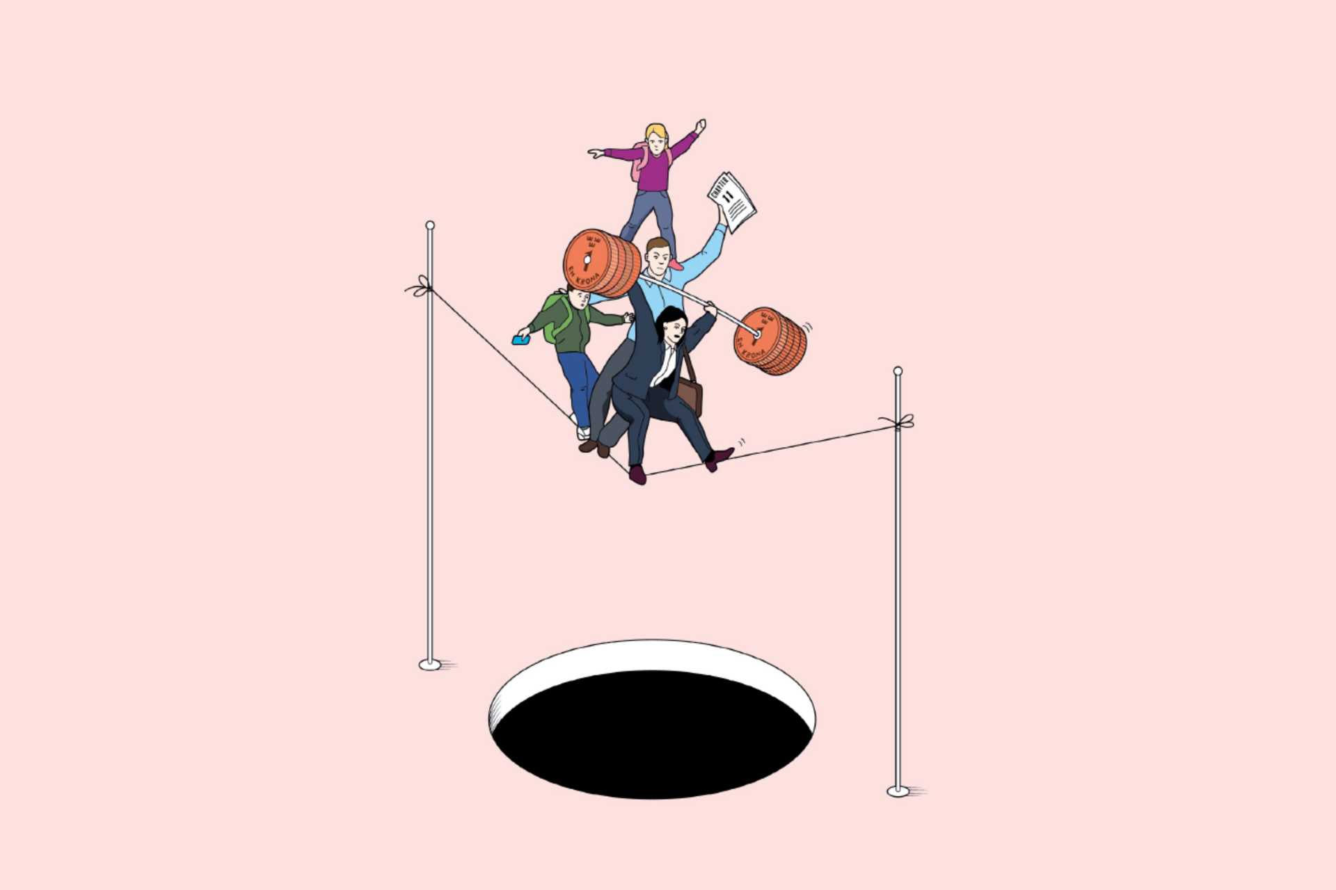 Illustration of people balancing on a tightrope