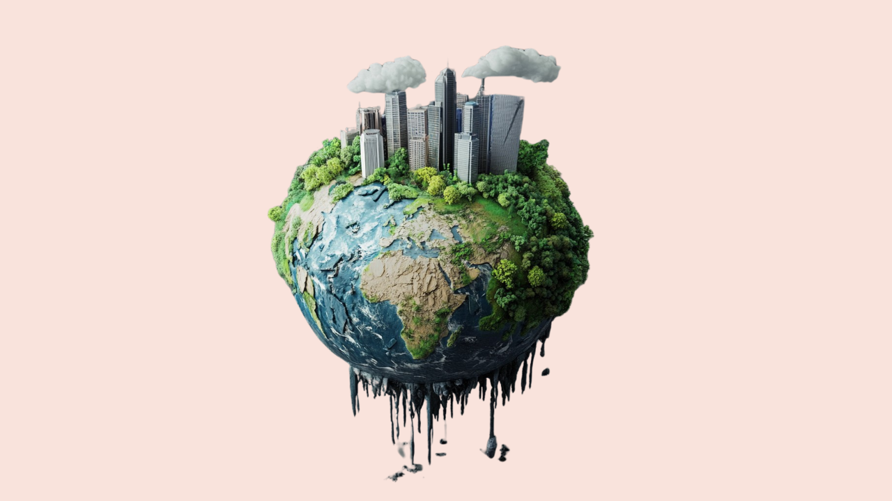 Illustration of a globe with forests, cities, and industrial buildings