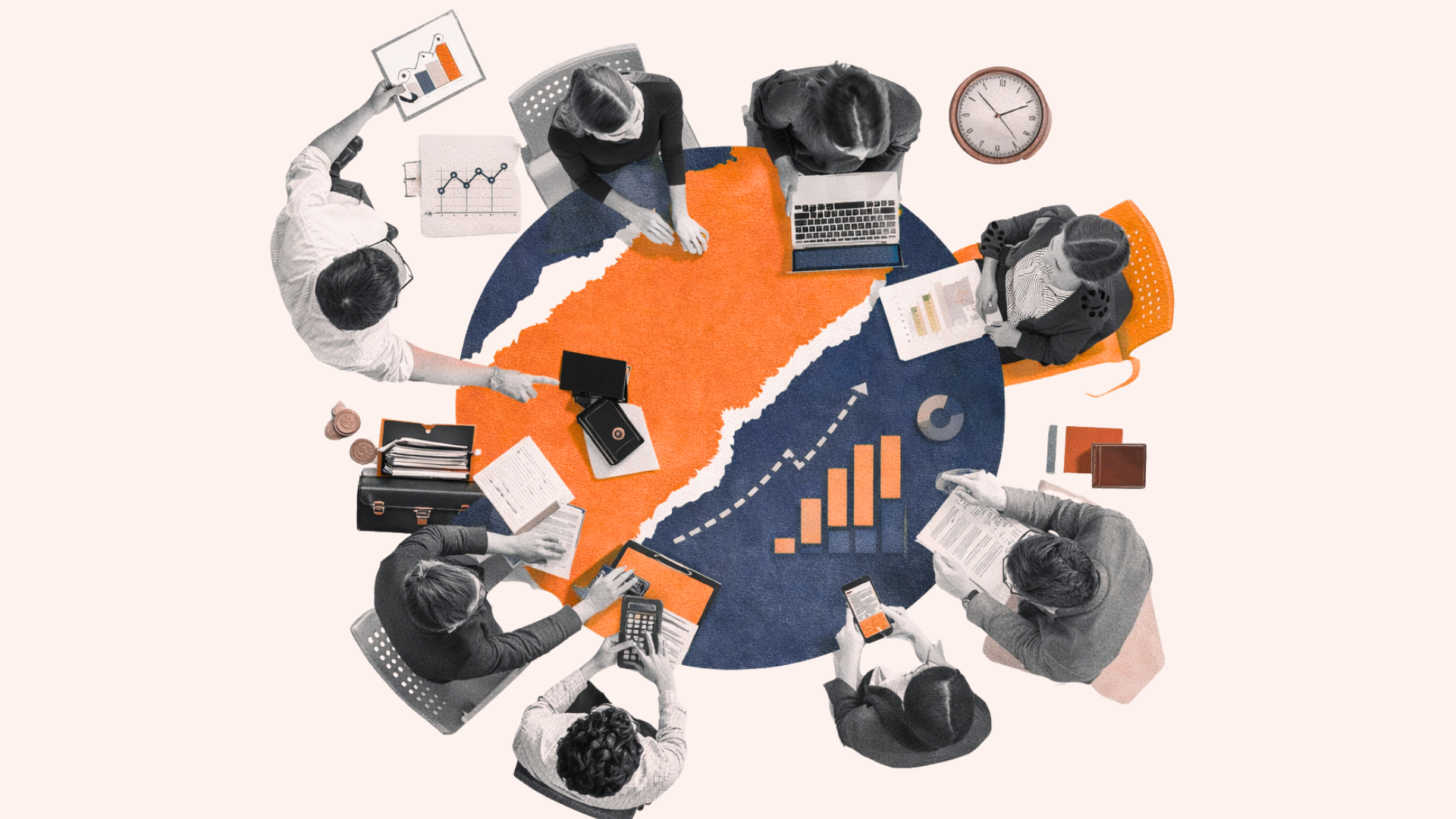 Illustration of people working together and sitting around a round table