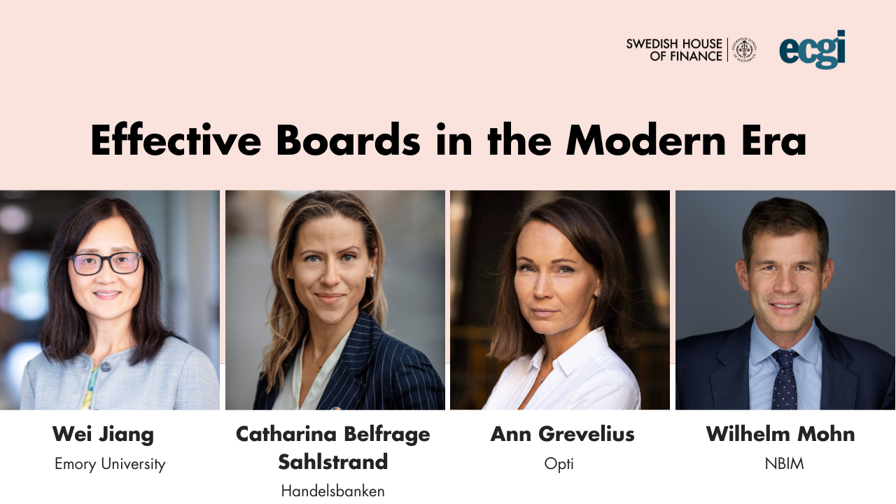 Portrait of Wei Jiang, Catharina Belfrage Sahlstrand, Ann Grevelius and Wilhelm Mohn, below the text "Effective boards in the modern era"