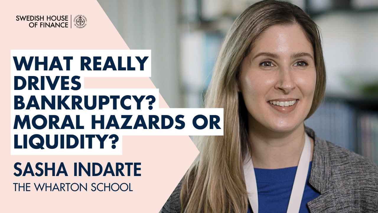 Portrait of Sasha Indarte and the text "What drives bankruptcy? Moral hazards or liquidity?"