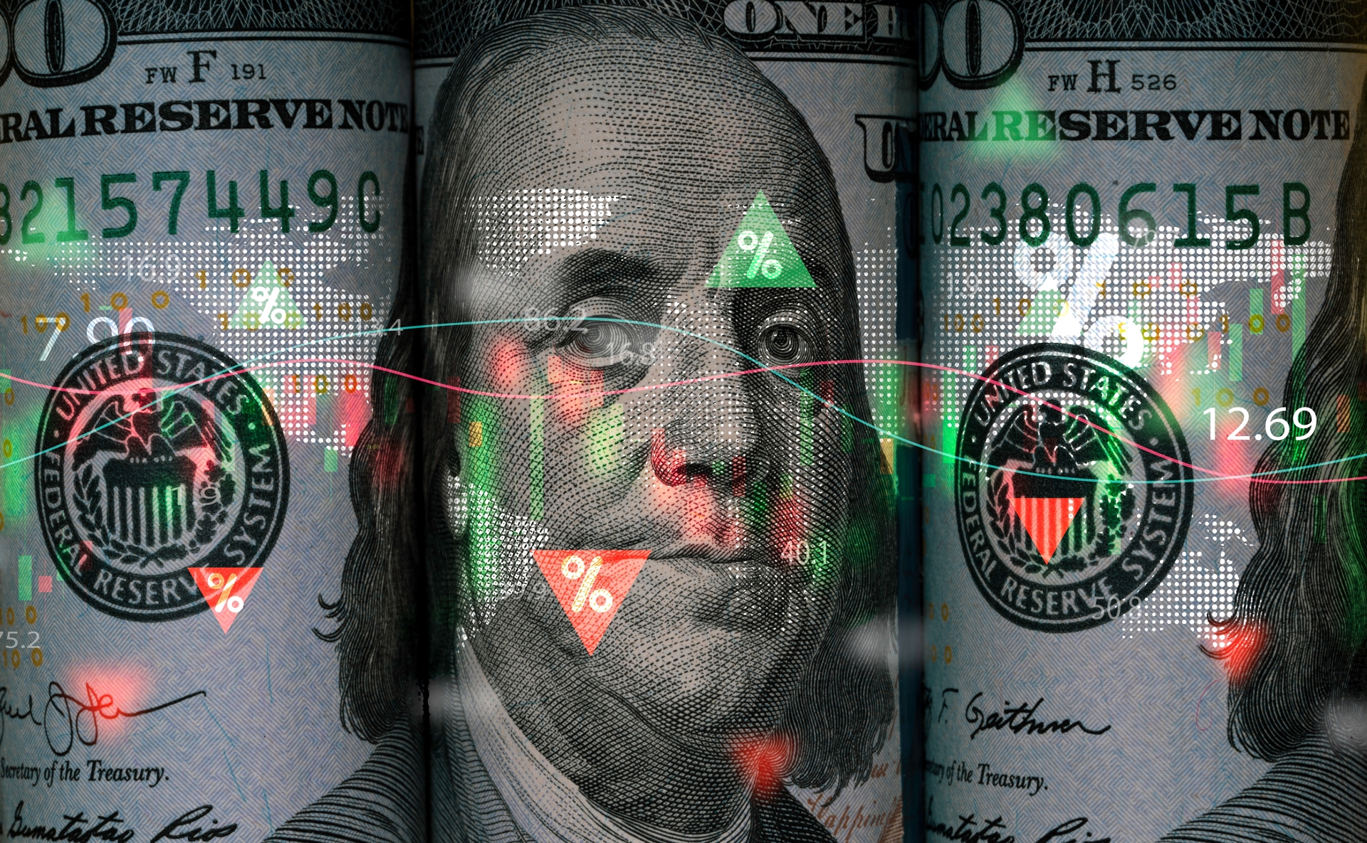 Illustration of U.S. dollar banknotes with stock market charts and financial indicators.