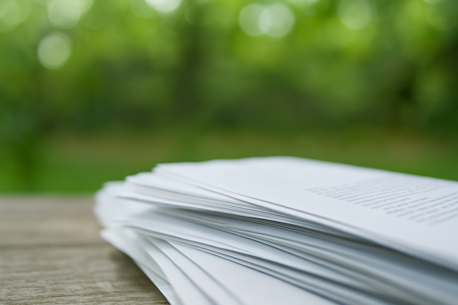 A stack of papers on a wooden desk