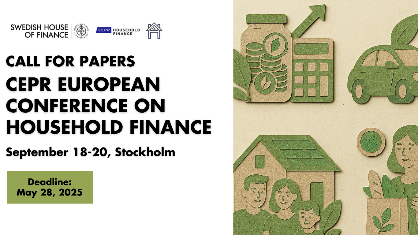 Illustration of money, a car, a house and a grocery bag with the text "Call for papers: CEPR European Conference on Household Finance"