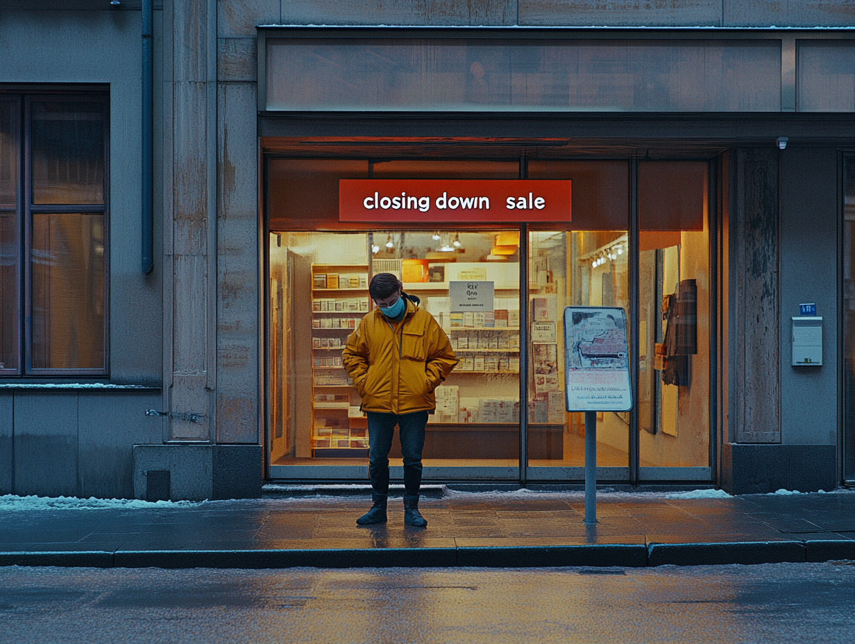  Illustration of a person standing outside a shop with a "closing down sale" sign.