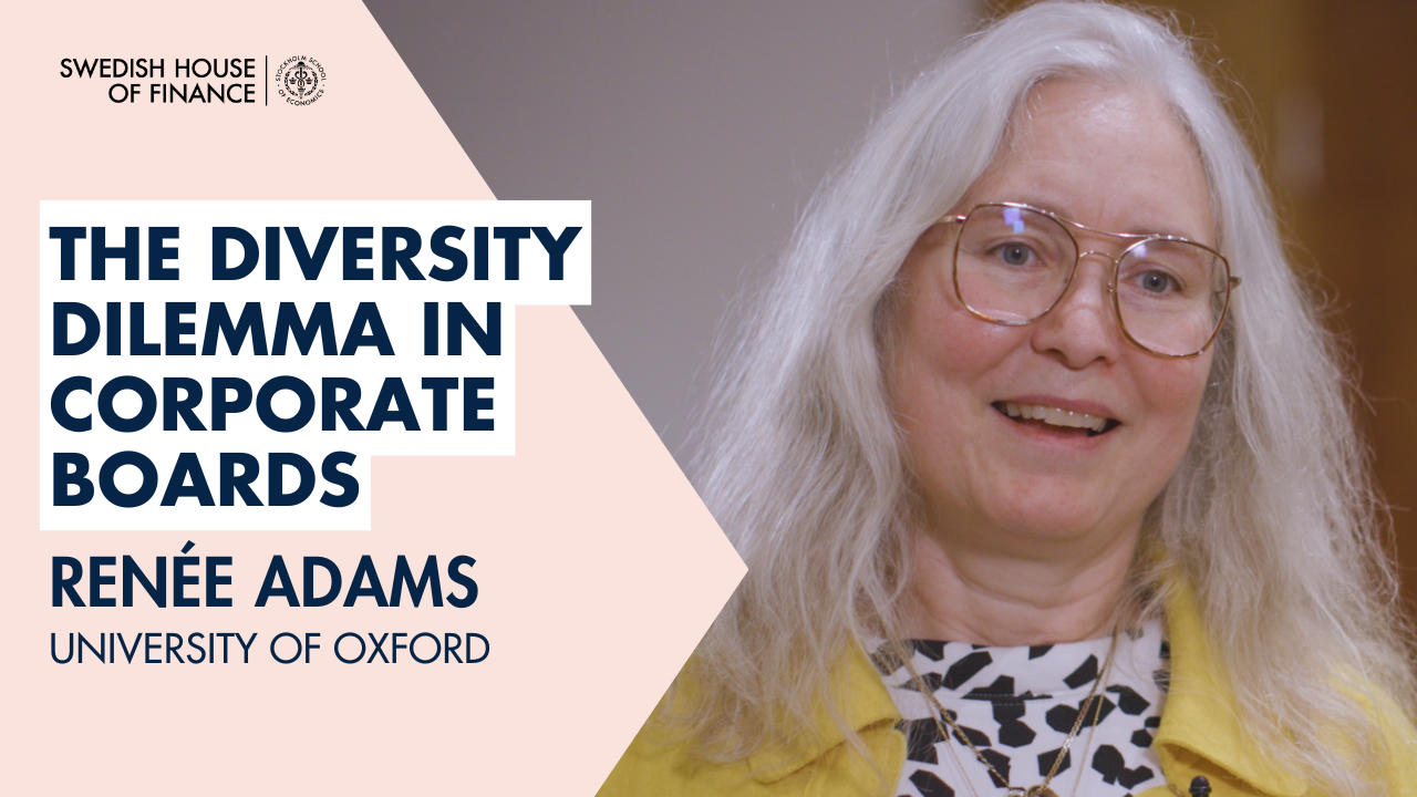Portrait of Renée Adams together with the words "The diversity dilemma in corporate boards"