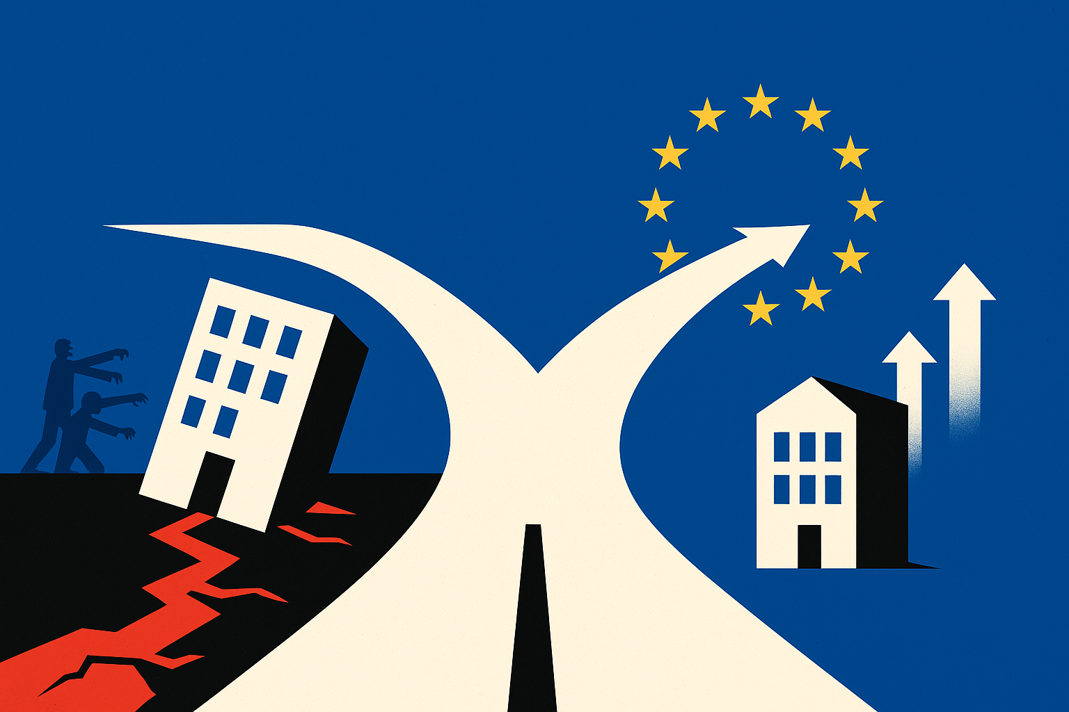 Illustration of a crossroads with damaged buildings to the left and the EU stars and an upward arrow to the right