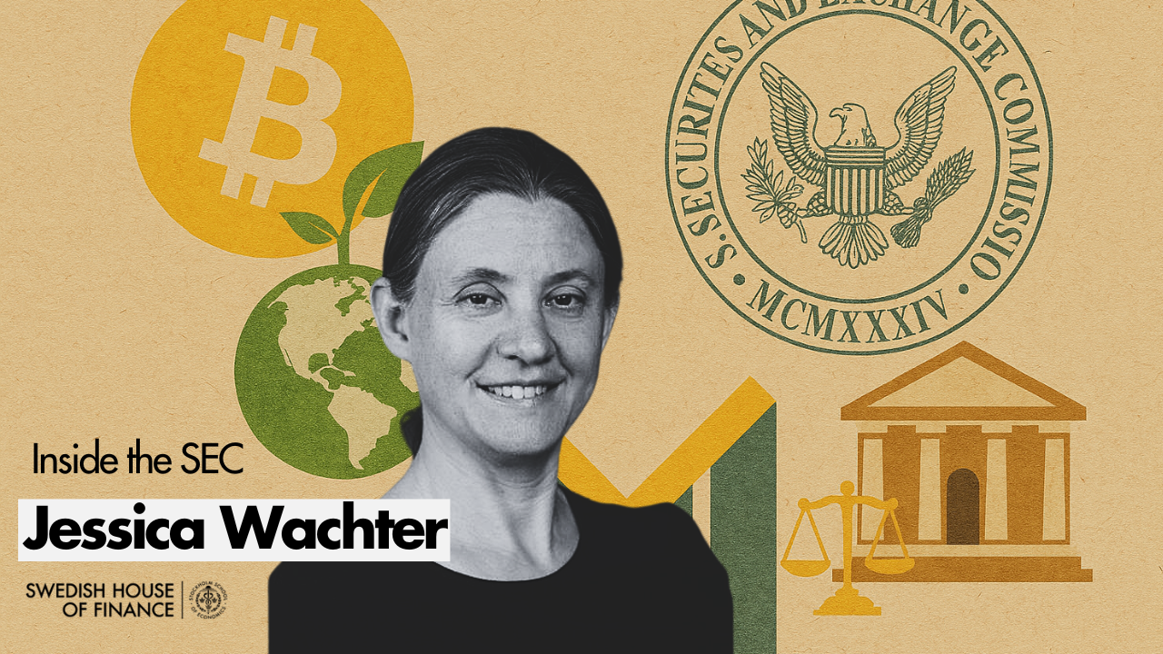 Collage of Jessica Wachter in front of a bitcoin symbol, a globe and the U.S. Securities and Exchange Commission logo