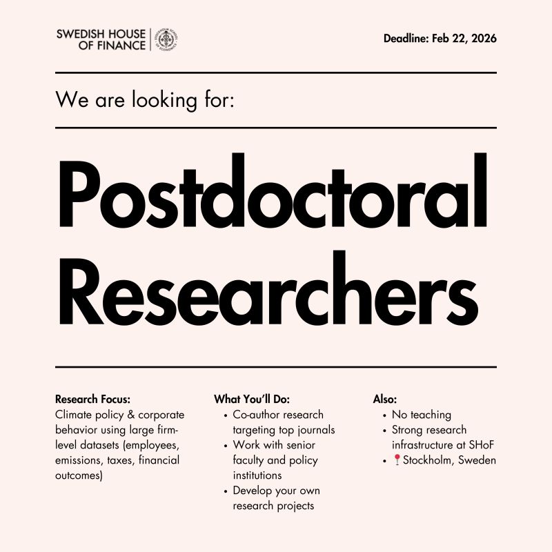 Recruitment poster for postdoctoral researcher positions at Swedish House of Finance