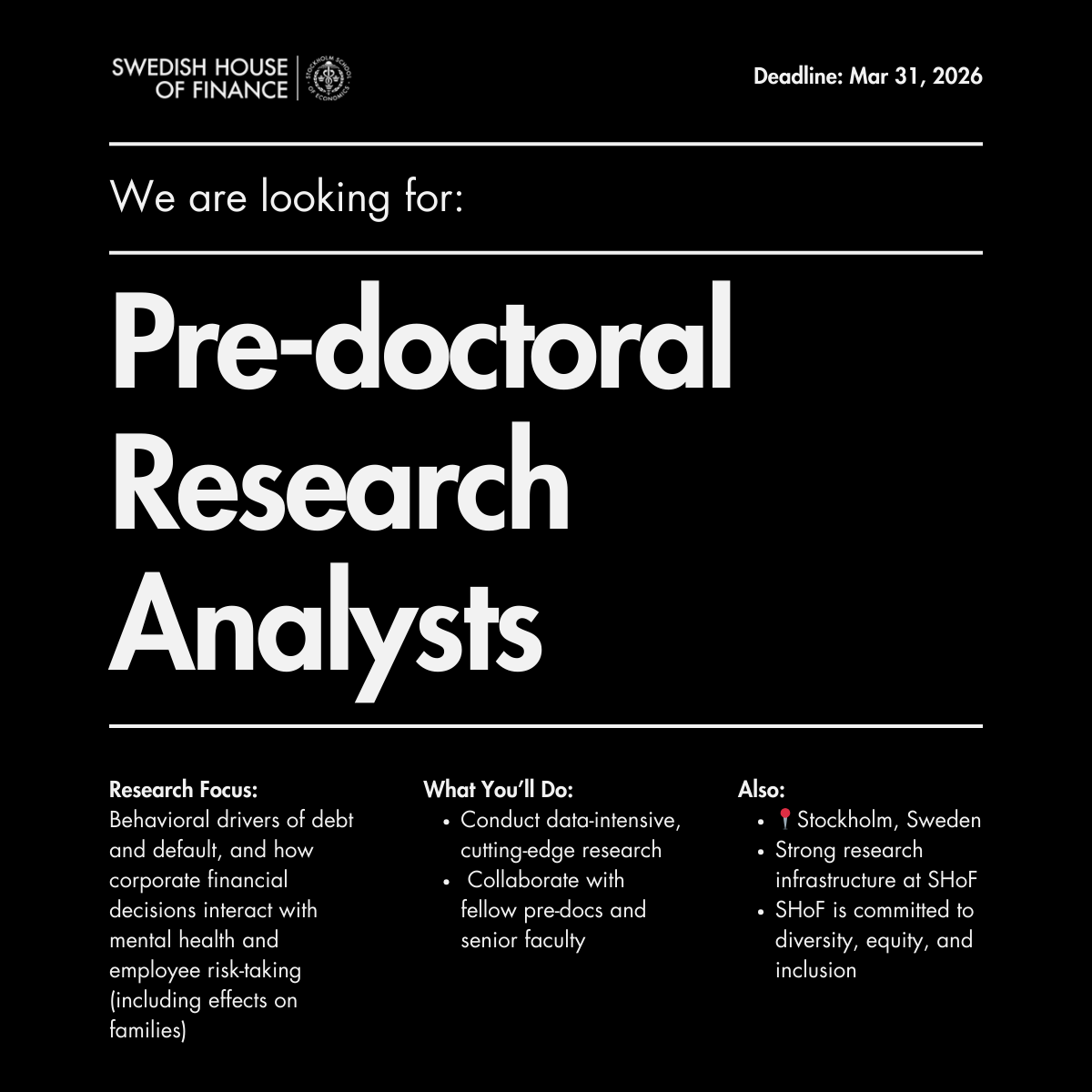 Recruitment poster for pre-doctoral research analyst positions at Swedish House of Finance