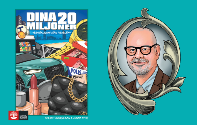 Book cover of Dina 20 Miljoner alongside an illustrated portrait