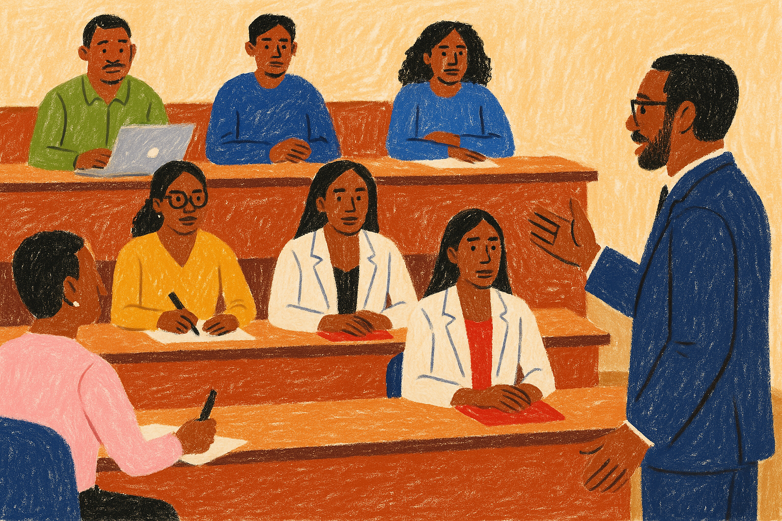 Illustration of an instructor teaching a classroom of adult students