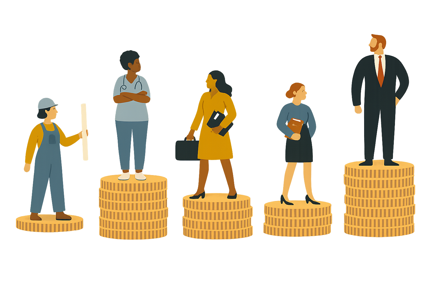 Workers in different professions standing on unequal stacks of coins representing wealth inequality and portfolio choices