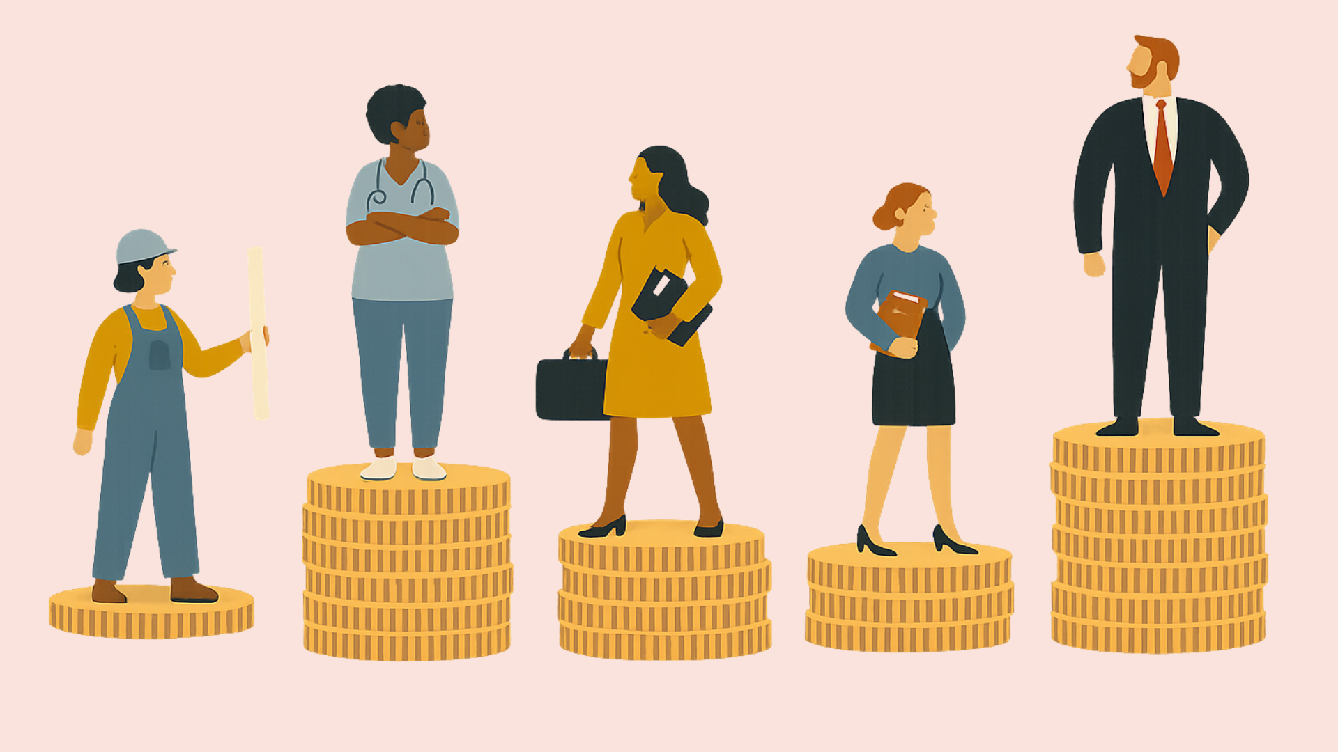 Workers in different professions standing on unequal stacks of coins representing wealth inequality and portfolio choices