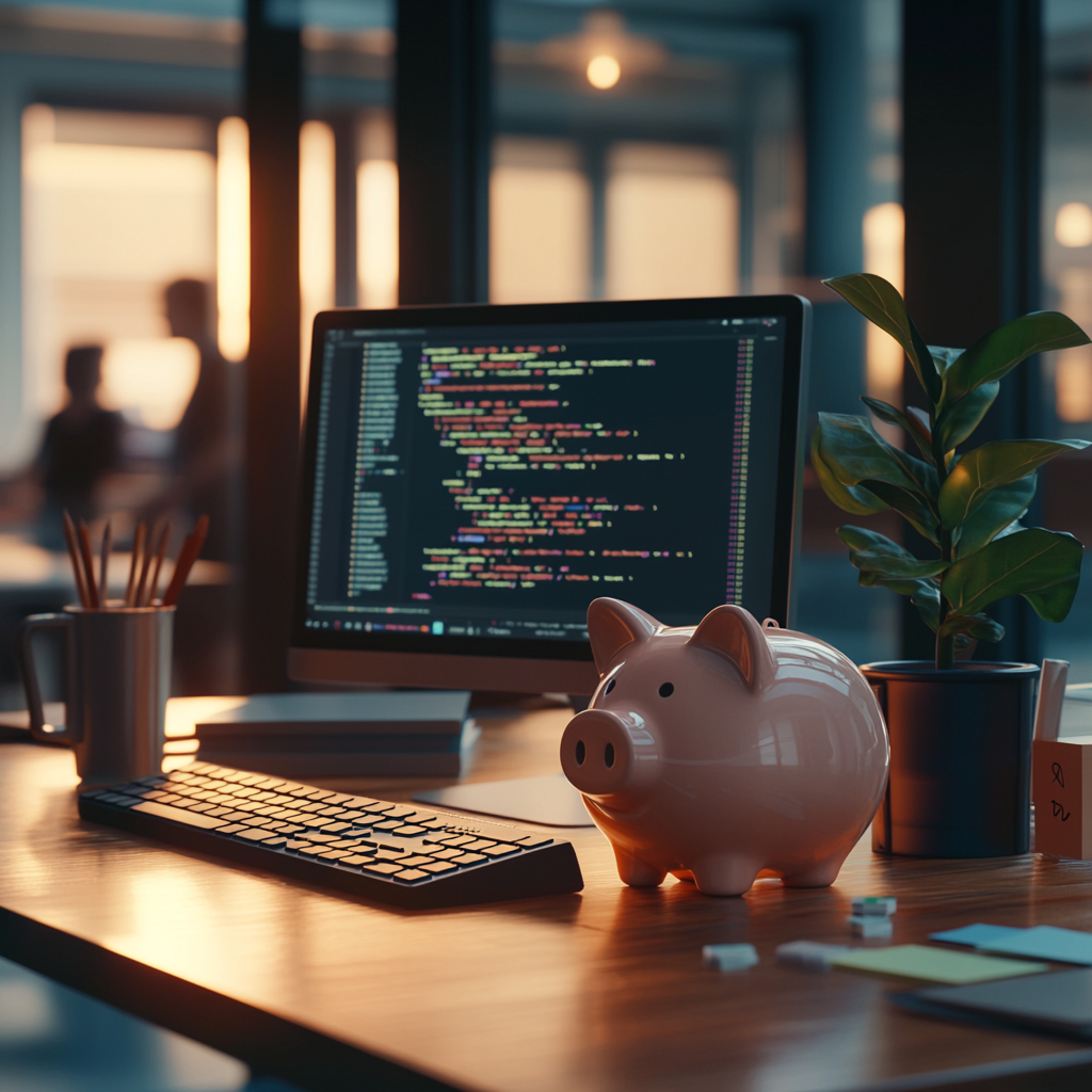 A piggy bank and a computer on a table