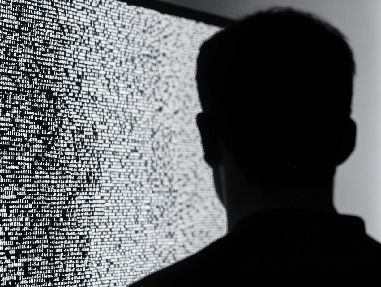 Black-and-white illustration of a person viewing a screen displaying digital data.