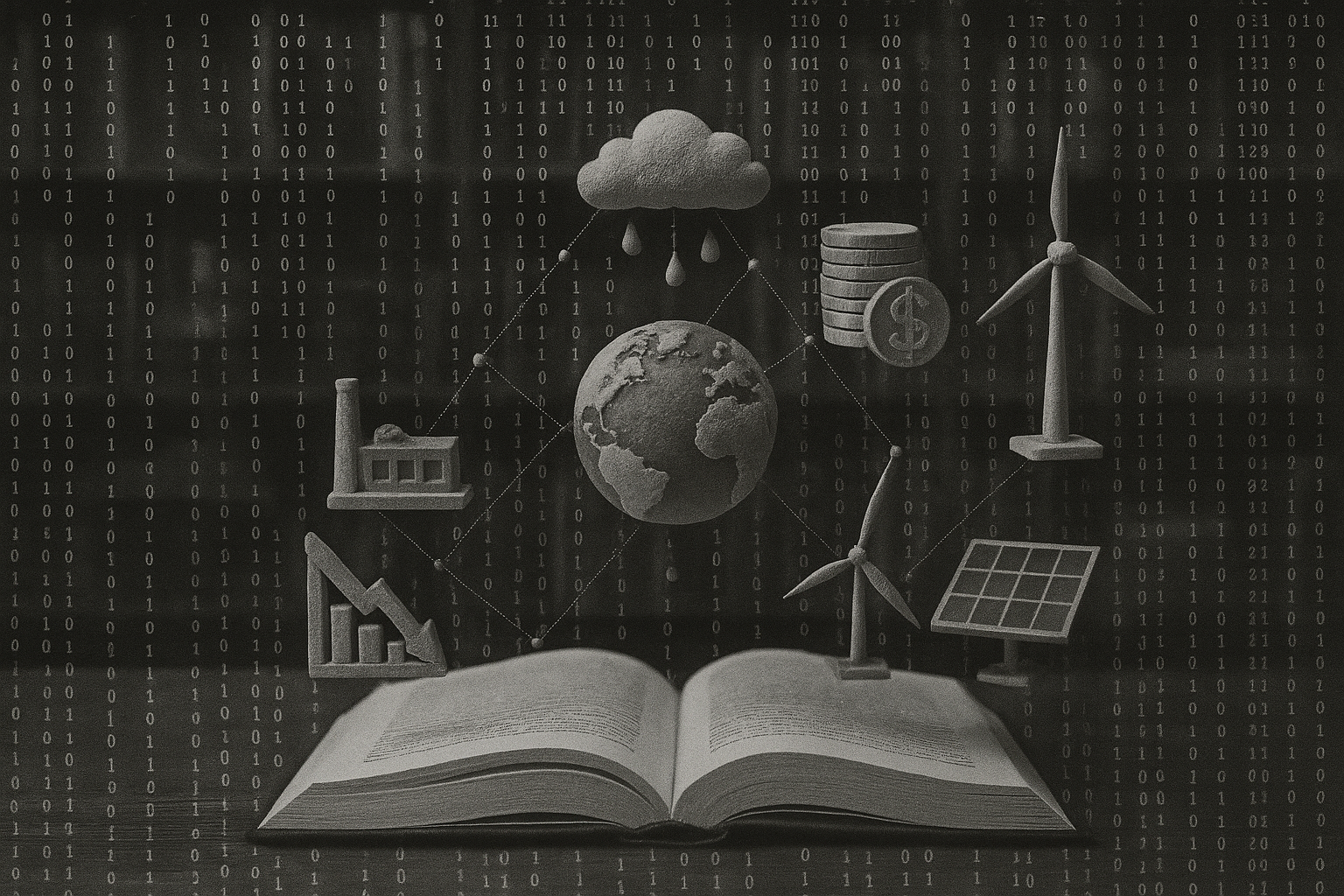  Illustration of an open book with sustainability, finance, and climate-related icons above it.