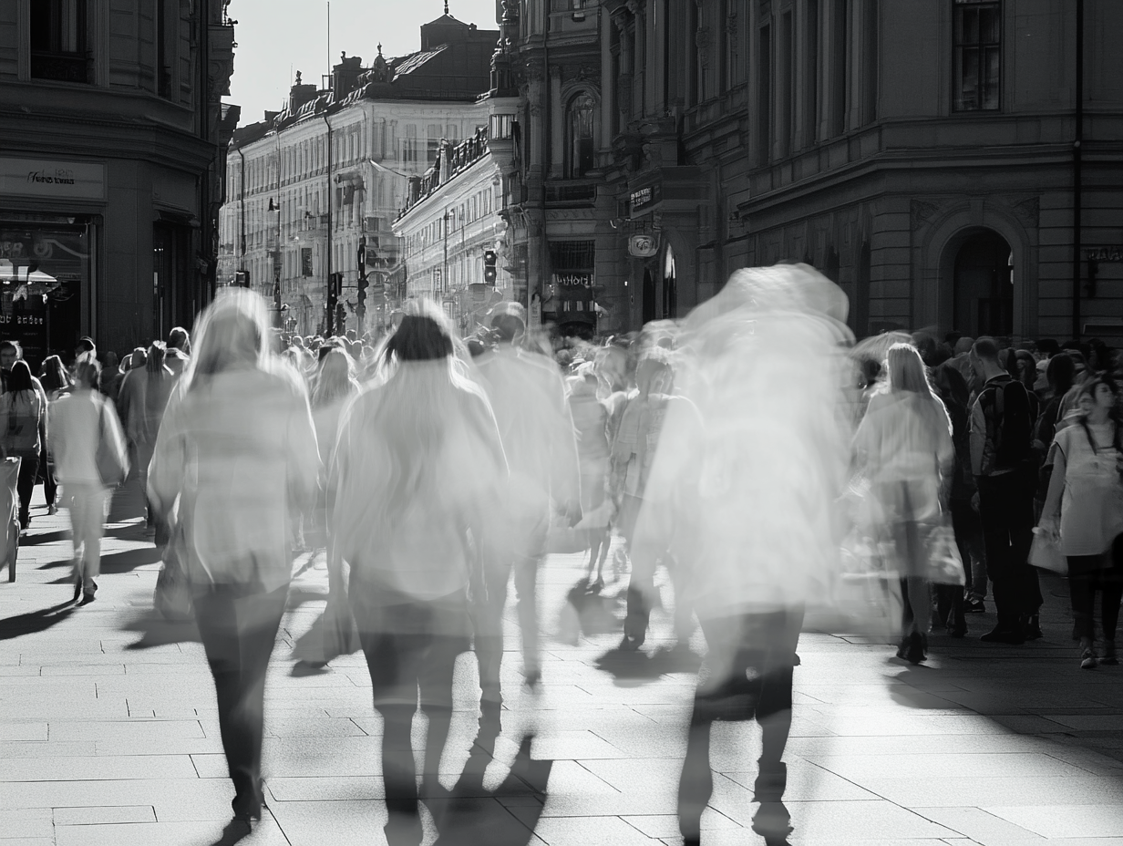  Black-and-white illustration of people walking along a busy city street with motion blur.