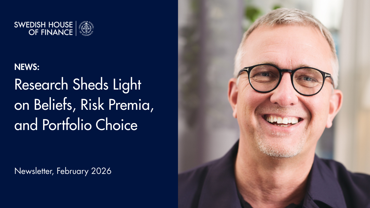 Newsletter cover featuring research on beliefs, risk premia, and portfolio choice alongside a portrait