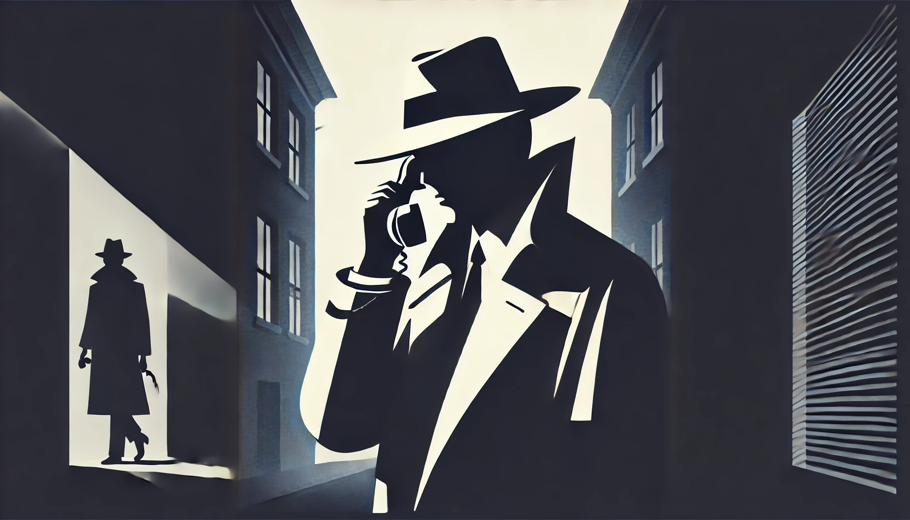 Illustration of a person in a trench coat speaking on a telephone in a city street