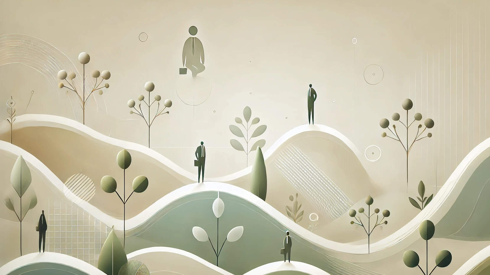 Illustration of a hilly landscape with trees and people