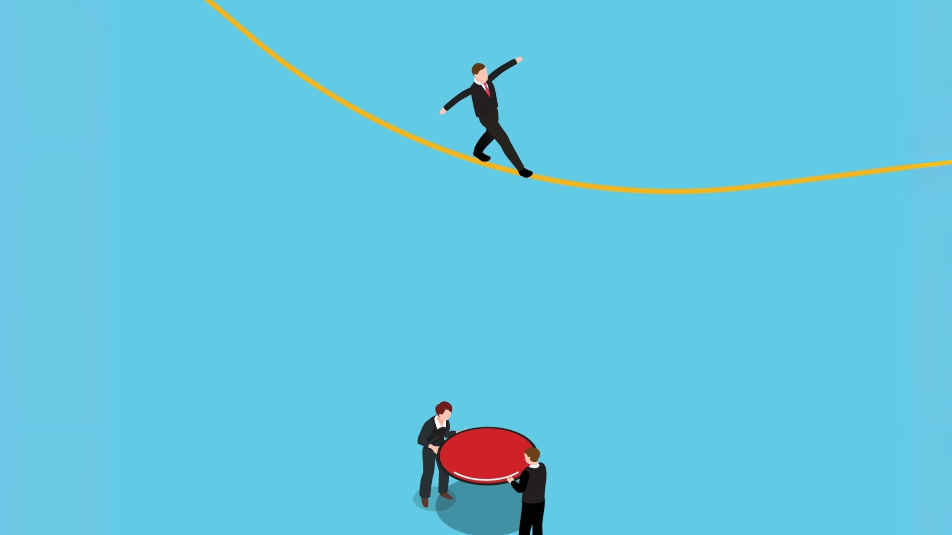 Illustration of a man in a suit balancing on a tightrope while two people hold a safety mat below