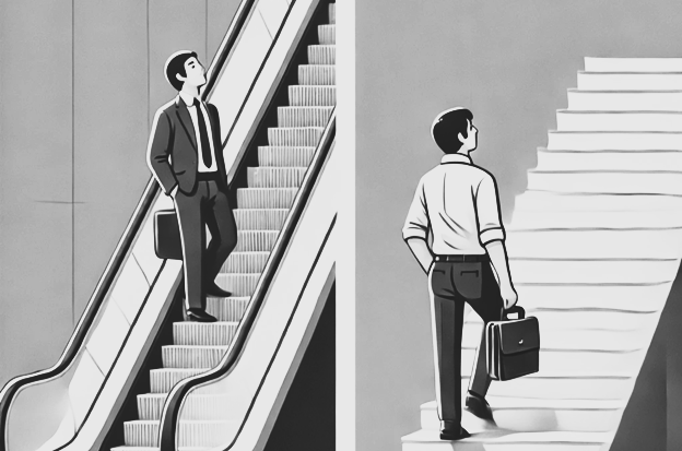 Illustration of one person standing in an escalator and another walking up the stairs