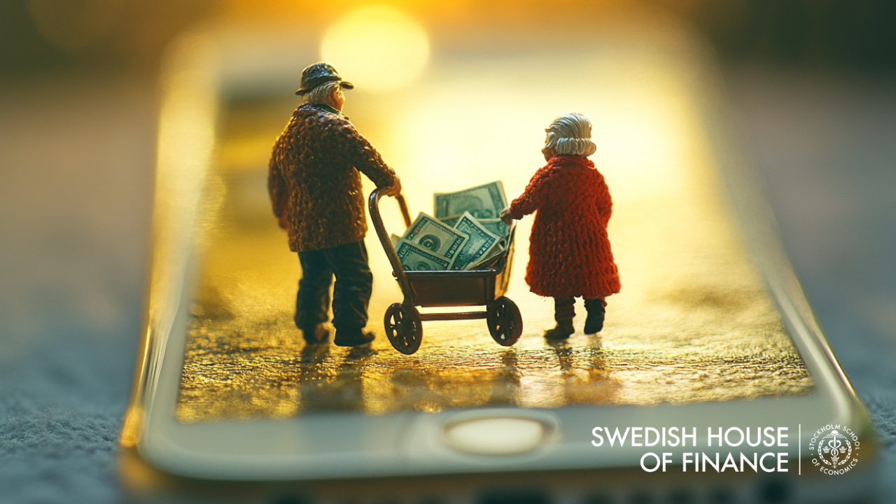 Miniature elderly couple with cash in a wagon standing on a smartphone