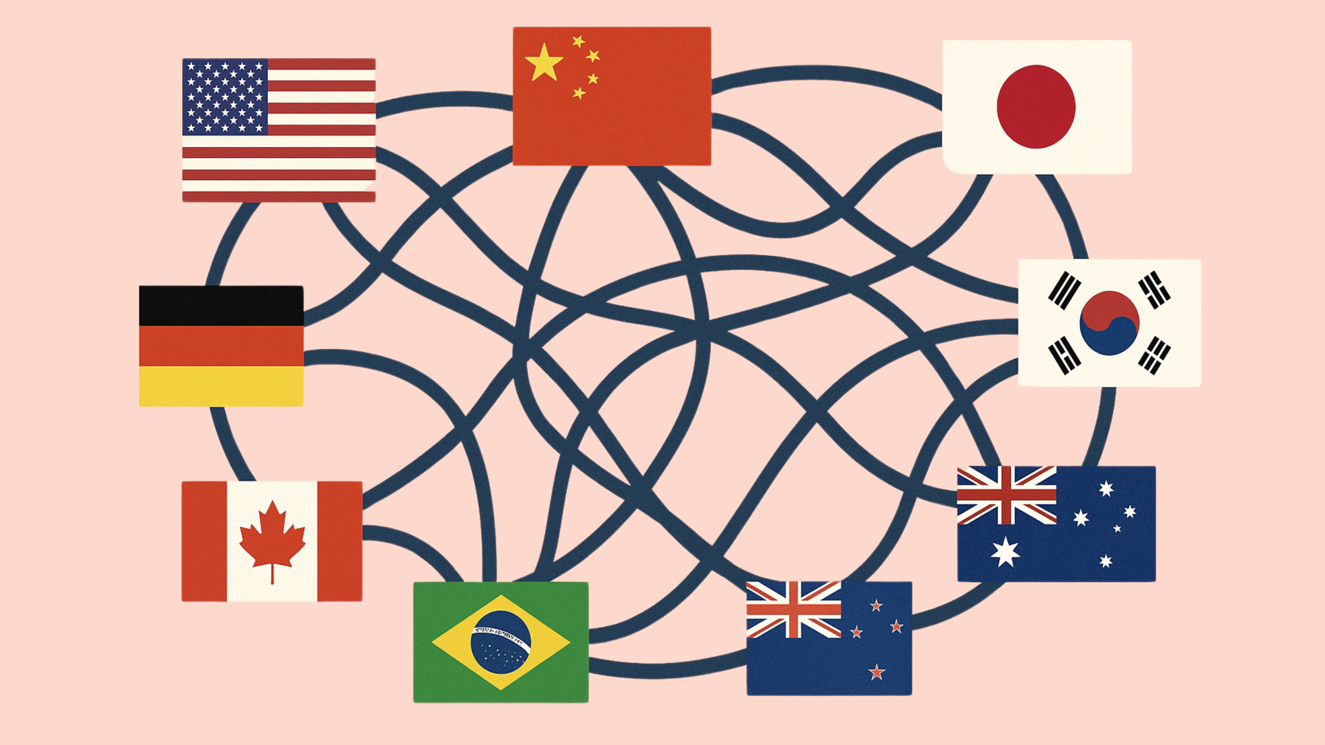 Illustration of national flags connected through an international trade network