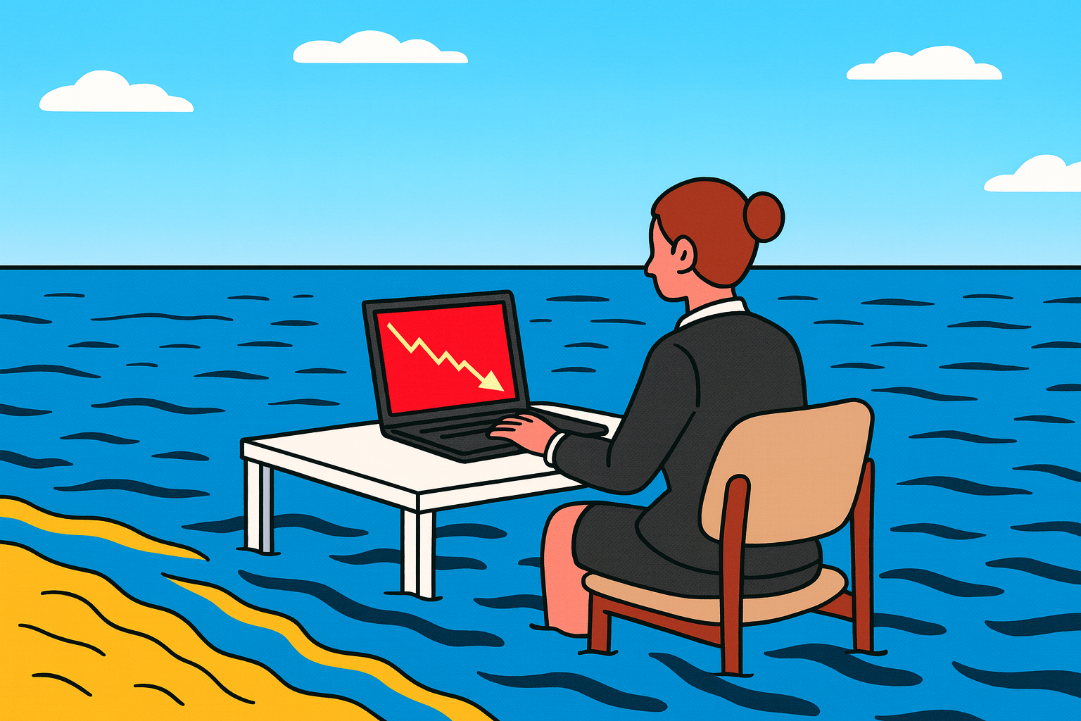 Illustration of a person viewing a declining stock market chart while surrounded by water