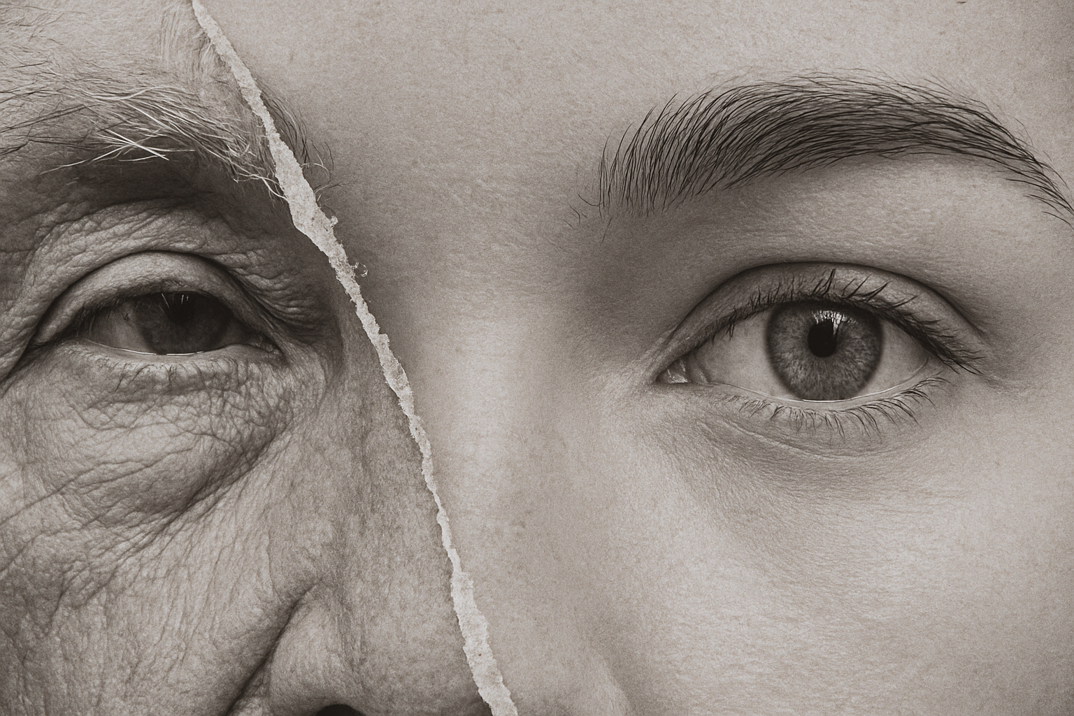 Split image showing the eyes of an older and a younger person