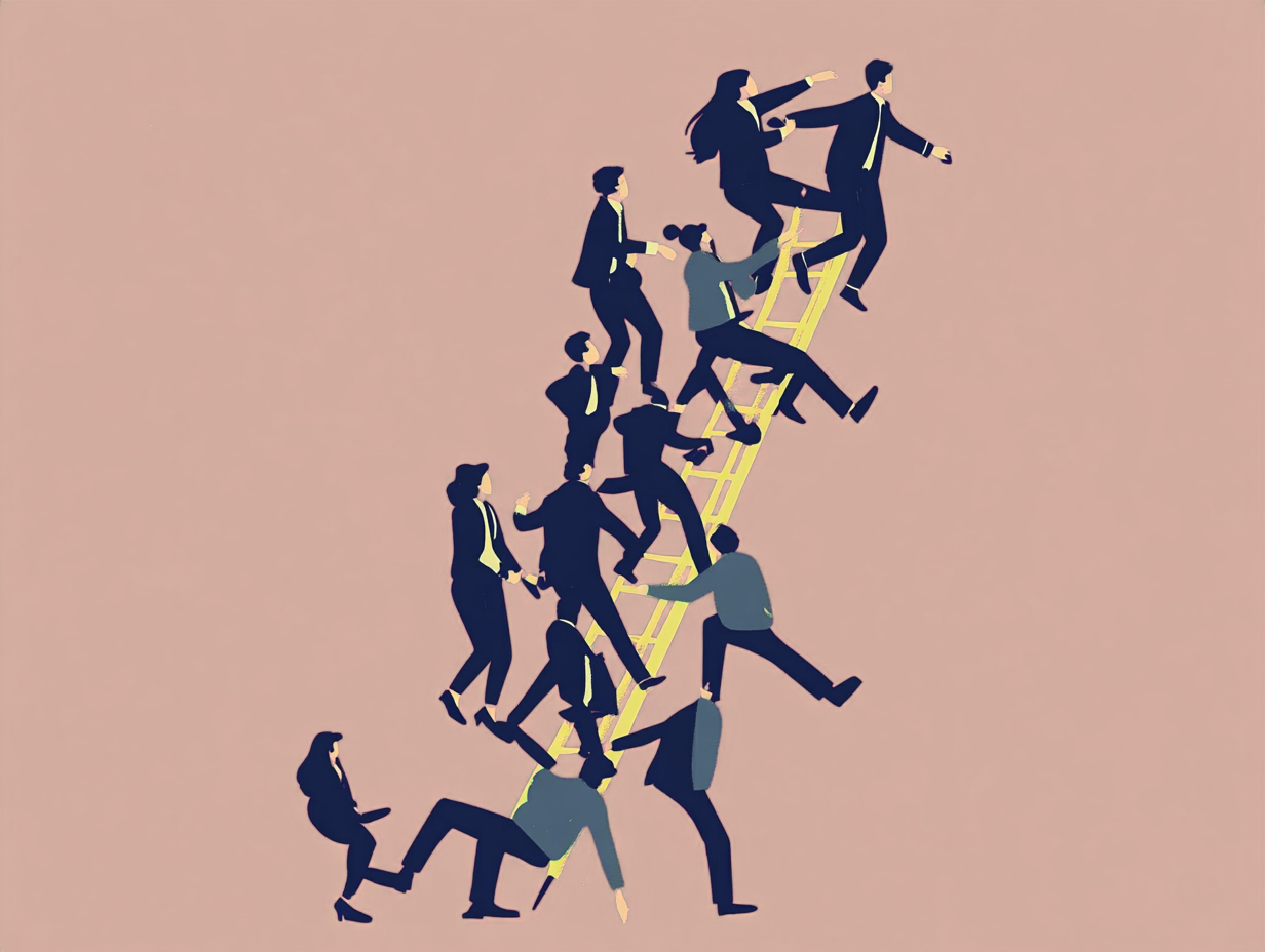 Illustration of people climbing a ladder toward career advancement