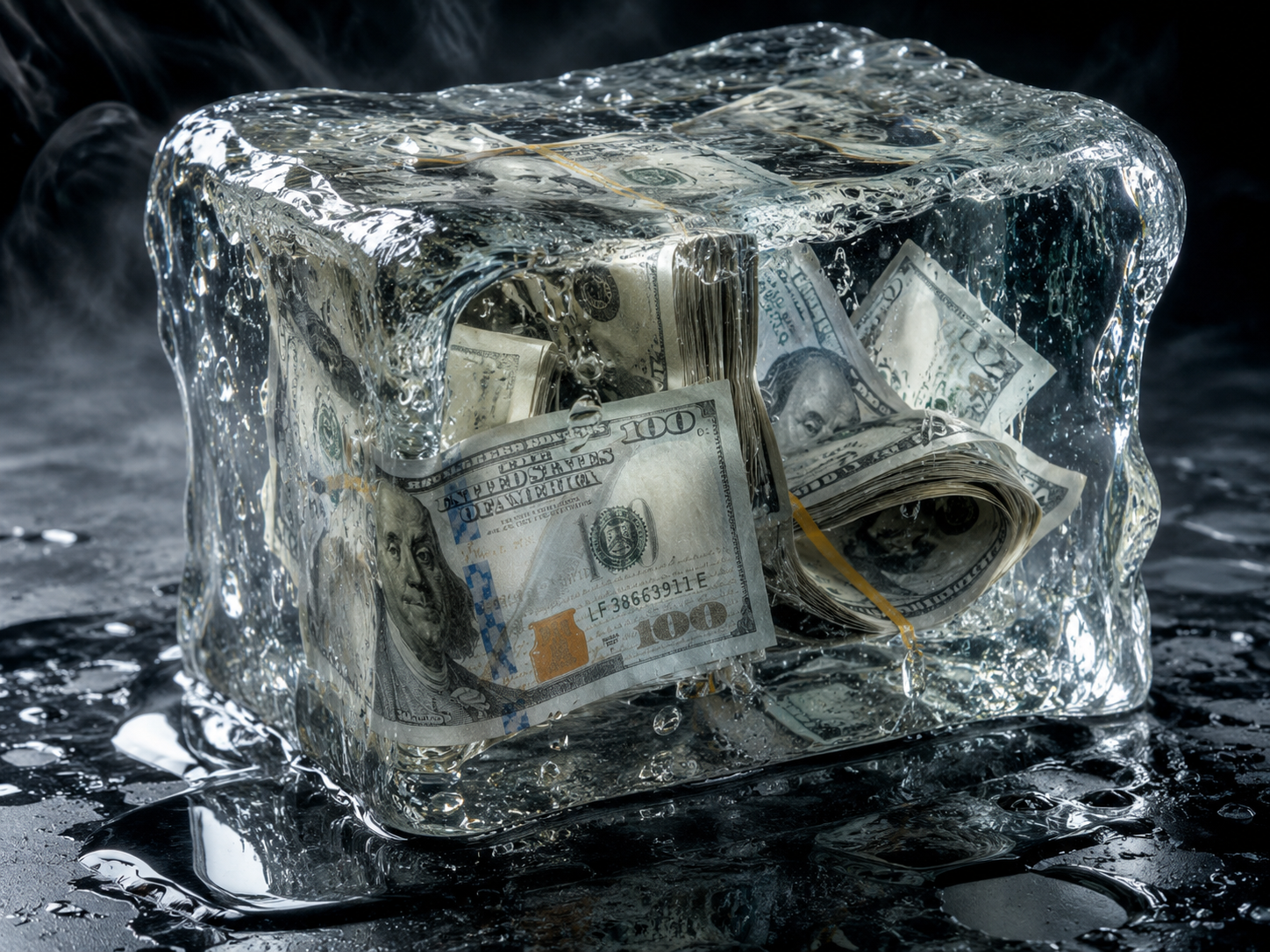 Banknotes in an ice cube