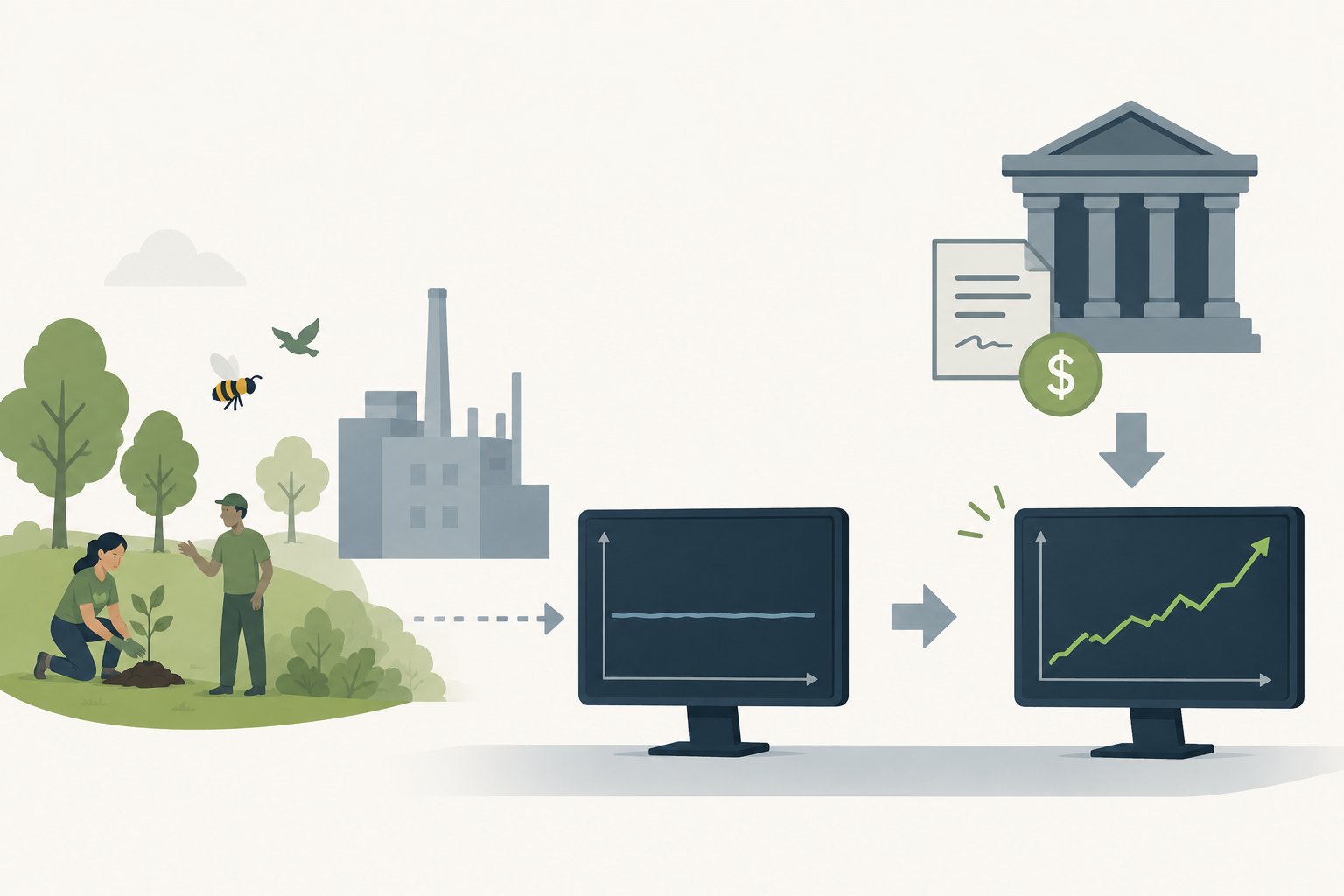 Illustration showing how biodiversity-related corporate actions and public financial support influence market performance and firm valuation.