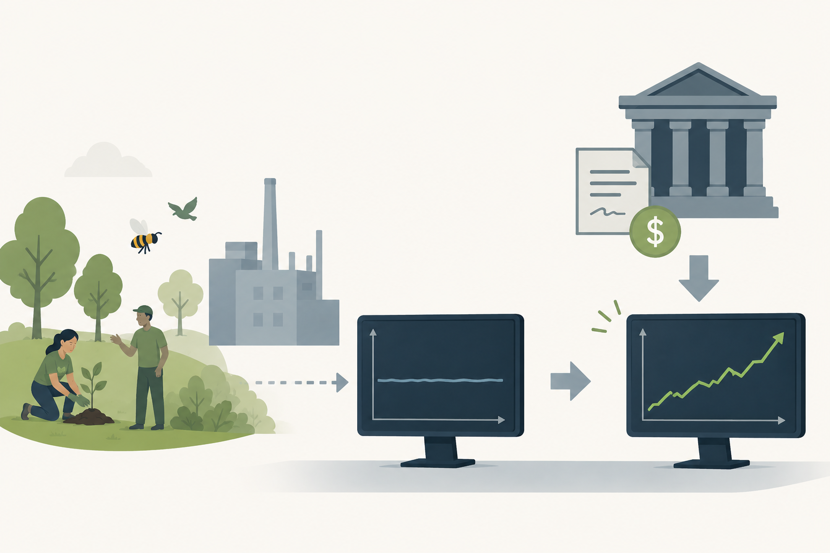 Illustration showing how biodiversity-related corporate actions and public financial support influence market performance and firm valuation.