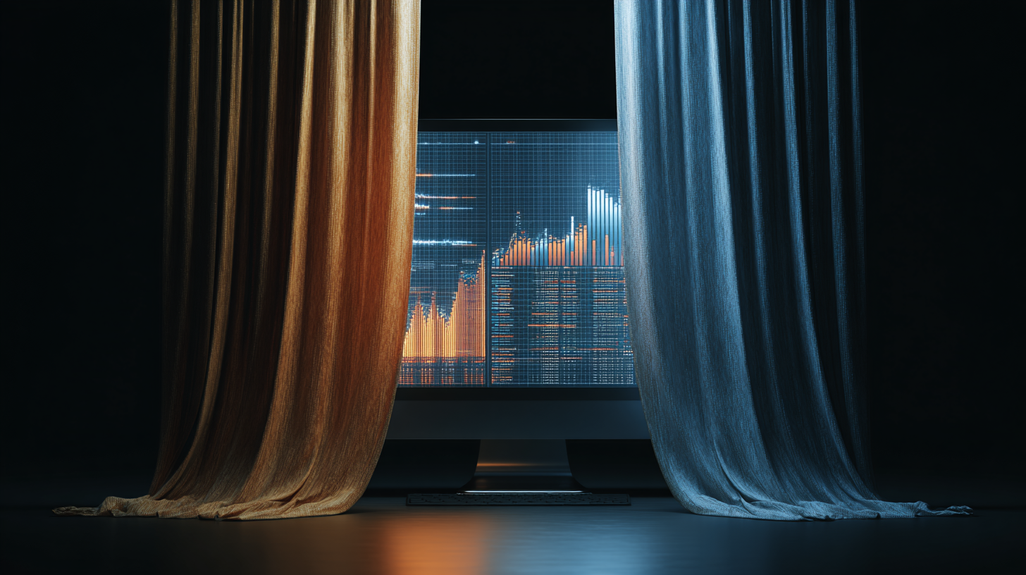 Financial market data displayed on a screen behind partially opened curtains