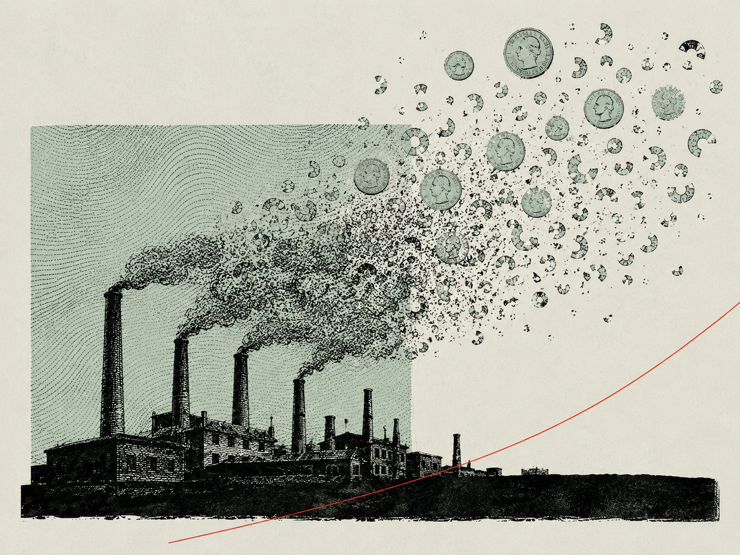 Illustration of factory emissions transforming into coins