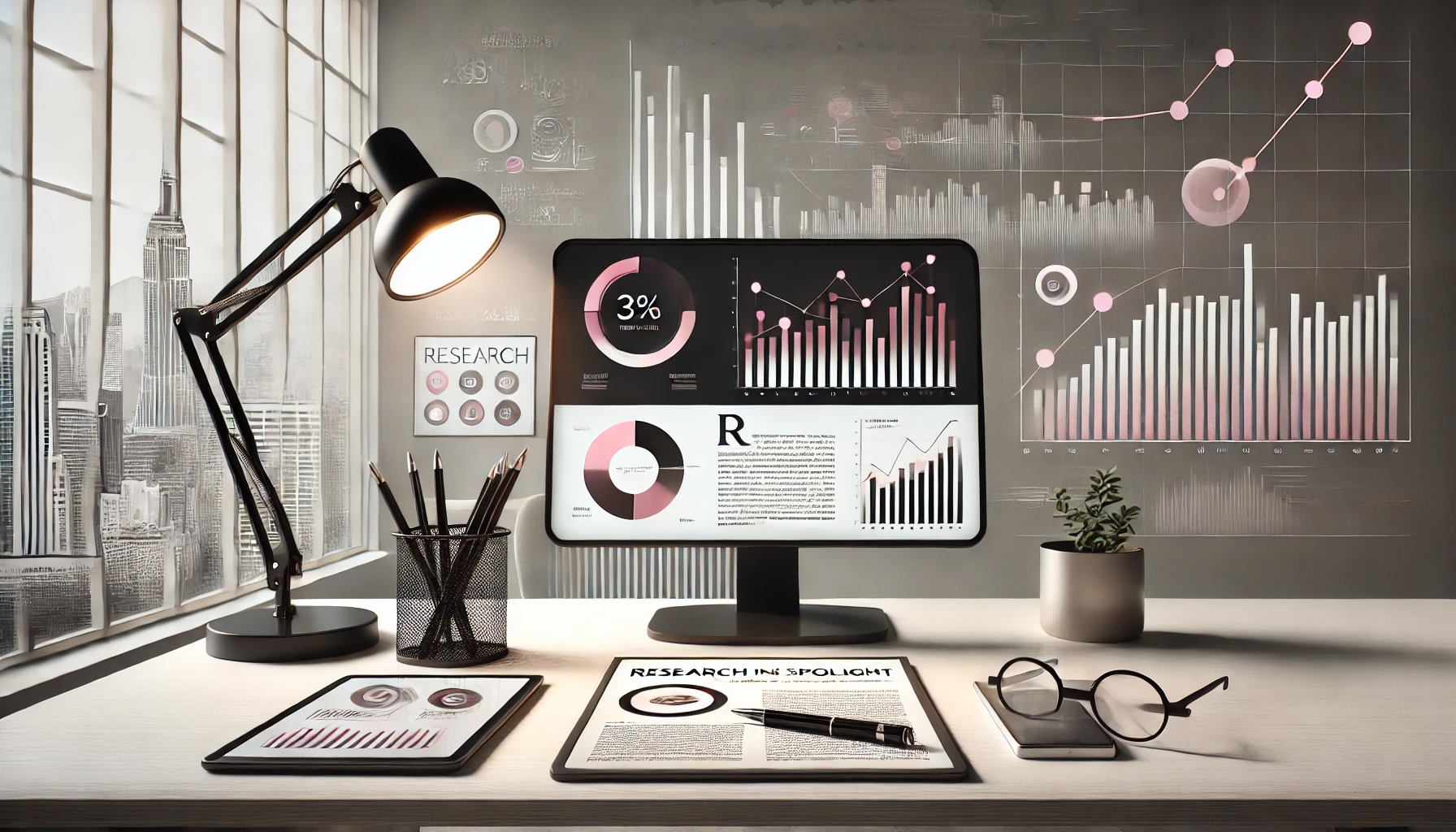 Workspace with research reports, charts, and data visualizations on computer screens