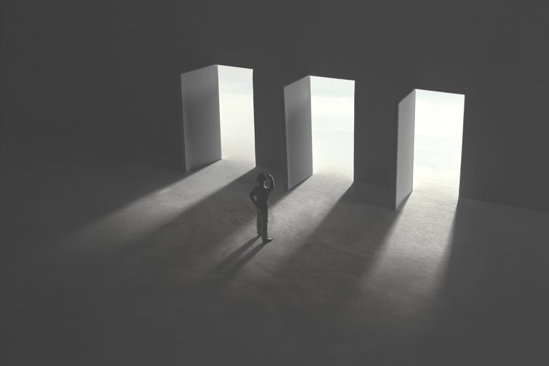 illustration of man making decision on which door to take