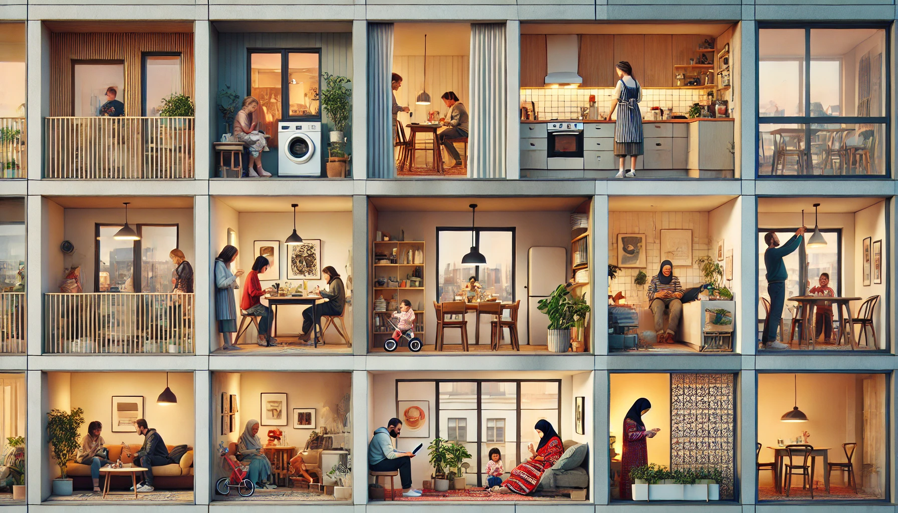 Different households and daily life across apartments representing global housing and mortgage markets
