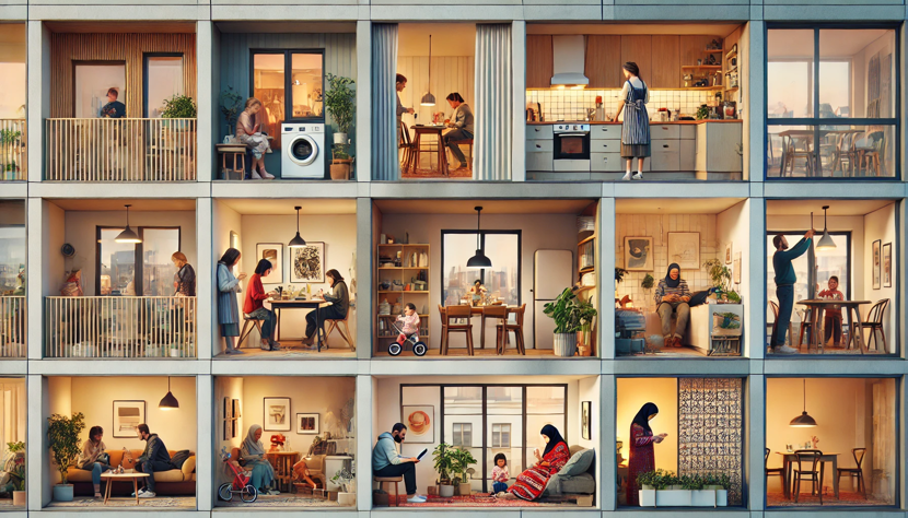 Different households and daily life across apartments representing global housing and mortgage markets