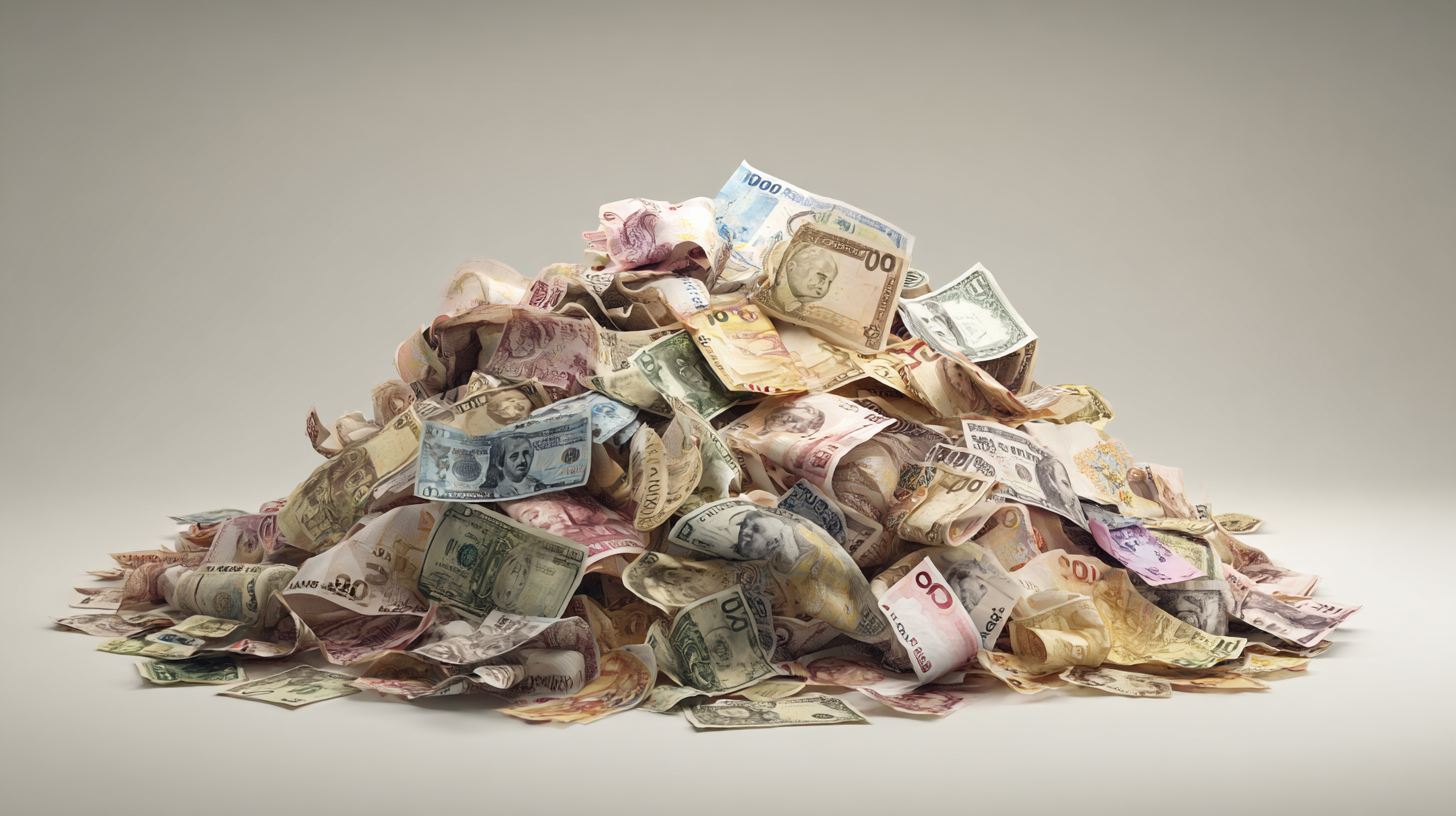 Pile of banknotes in multiple currencies