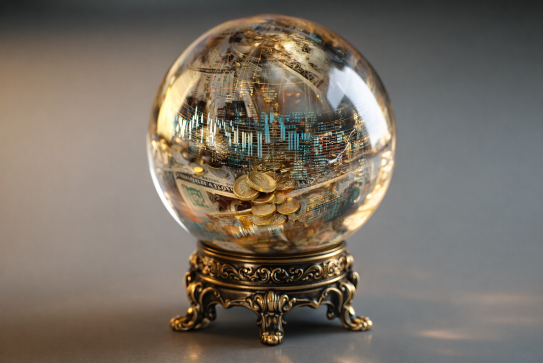 Glass sphere containing coins and financial market charts